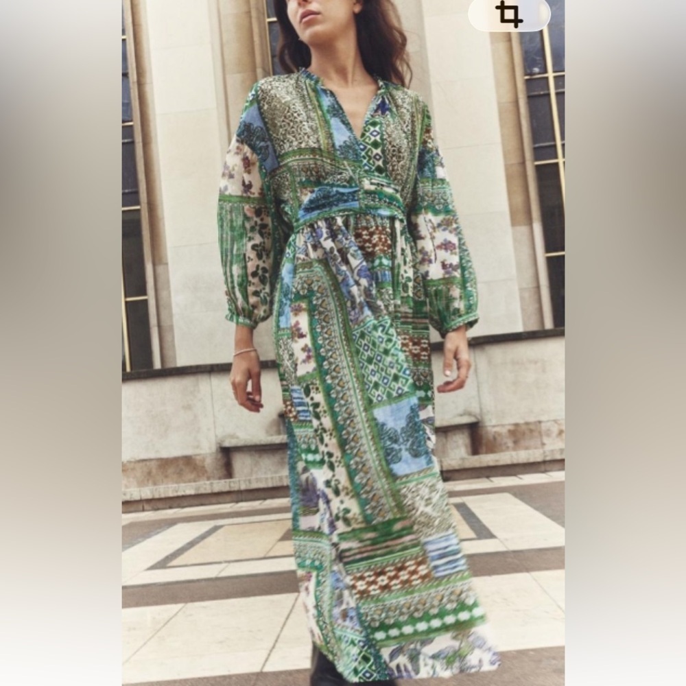 Zara “Blogger’s Favorite’ patchwork midi dress.  Green/multi. Size L. NWOT